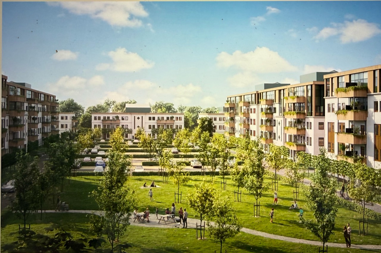 Architectuurimpressie van Edelstaete in Nieuwegein, met een groen woonhof.